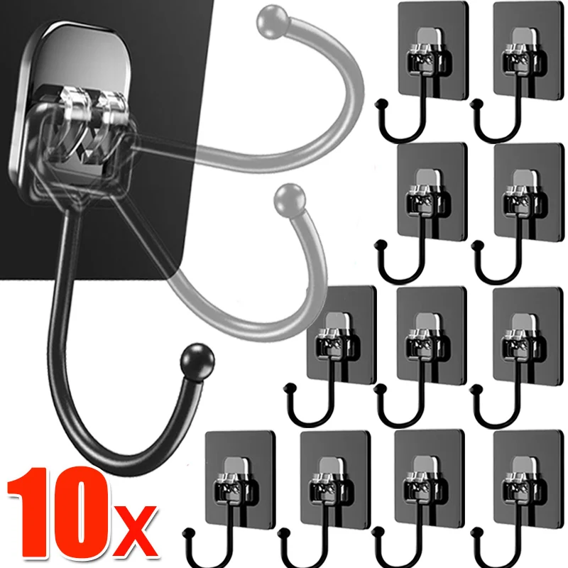 1/10PCS Multi-Purpose Hook Self Adhesive Wall Hangers Bathroom Kitchen Black Waterproof Sticker Holder Home Storage Organization