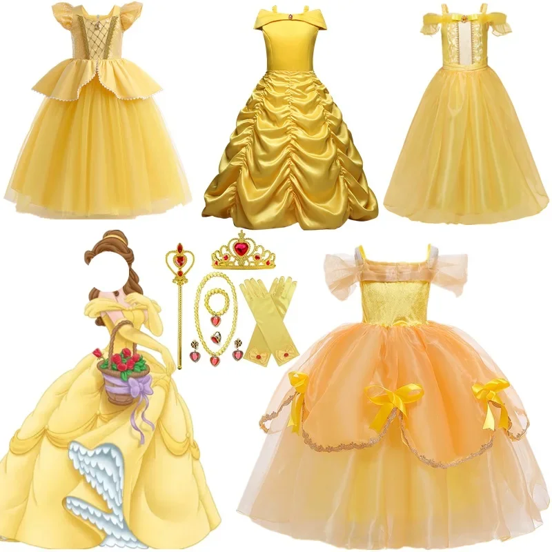 

Детское платье принцессы Белль для косплея с цветочным принтом и открытыми плечами, Детский костюм на Хэллоуин, костюм красавицы и чудовища, платья на день рождения, 2024