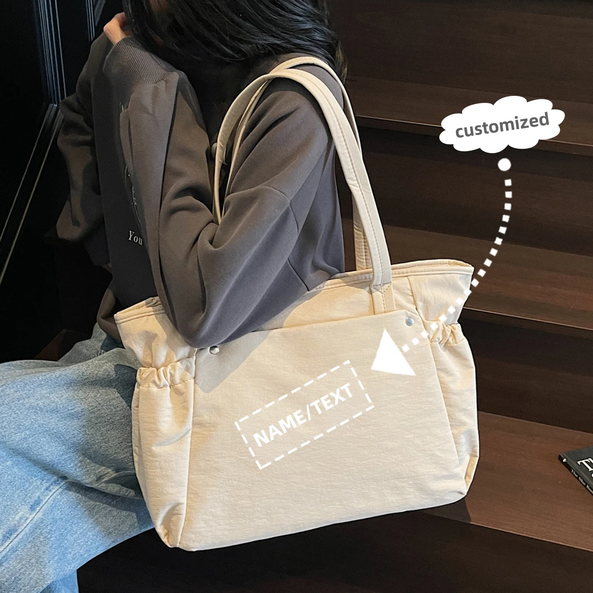 

High-end custom logo lightweight Oxford cloth big bag literary tote bag handbag female commuter shoulder bag personalized diy
