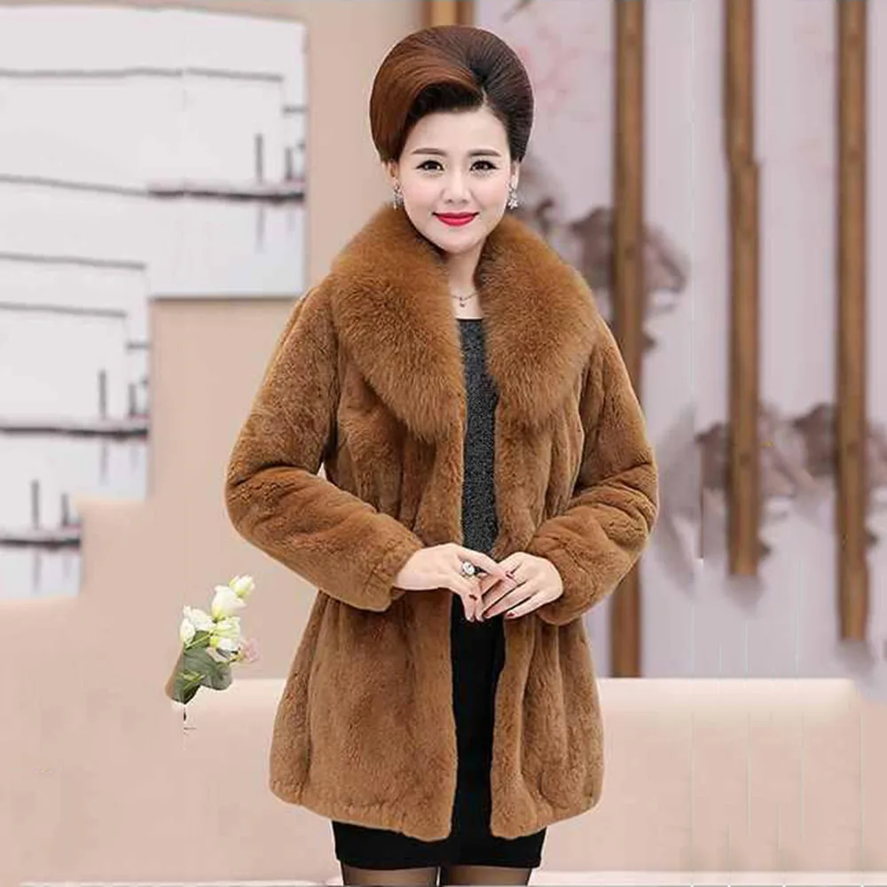 New Autumn And Winter Faux Fur Coat Female Fashion Long Rex Rabbit Fur Mink Faux Fox Fur Collar Loose Warm Temperament Coat Tide