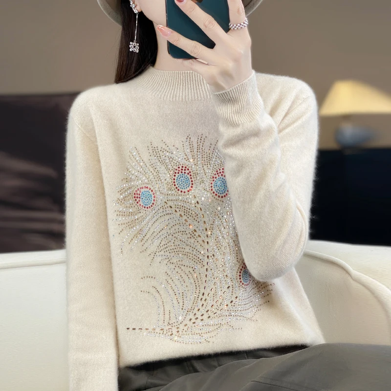 The new winter thick semi-turtleneck sweater women's base layer is super foreign hot diamond cardigan and winter versatile linin