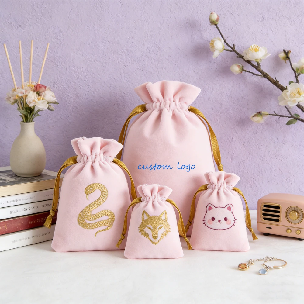

50pcs Pink Velvet Thick Storage Bag Customized Logo Jewelry Earrings Necklace Packaging Gift Pouch with Ribbon Drawstrings Bags