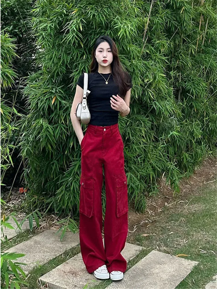 

American Retro High Street Red Wide Leg Workwear Jeans Women's Spring Autumn Tall Extended Loose Floor-Length Pants