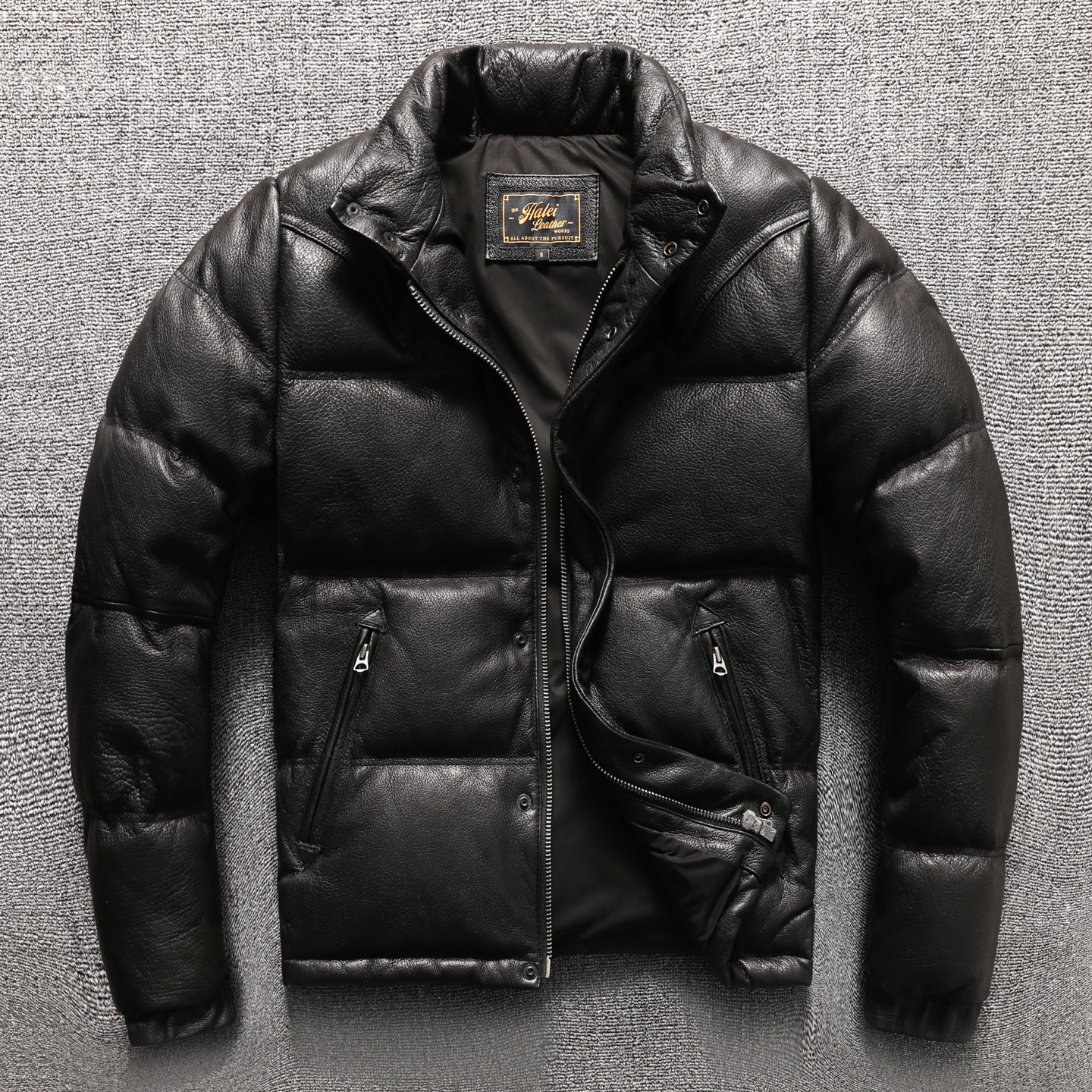 سترة رجالية سميكة ودافئة بياقة واقفة مصنوعة من جلد الماعز وأسفل البط، نمط الشتاء #2