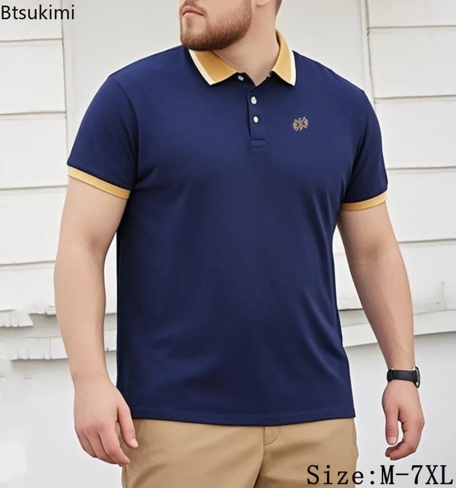 

2025New Men's Business Casual Polo Shirts Summer Breathable Cotton Sport Golf Tops Fashion Color Blocking Oversized T-shirts 7XL