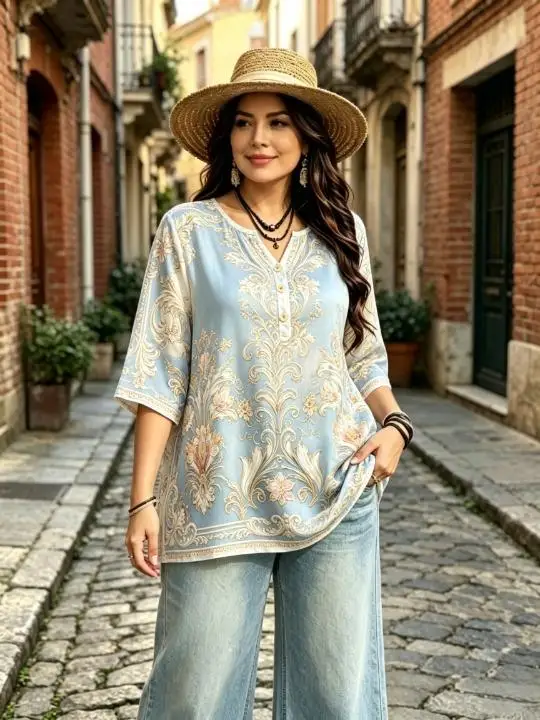 Women Boho Ethnic Geometric Scroll Print Blouse Notched Neck 3/4 Sleeve Loose Casual Ladies Tops Retro Tribal Pattern Shirts