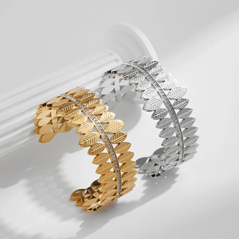 PAPERPLUS| Stainless Steel Leaf Gold Bracelet for Women Diamond Party Wedding Jewelry Shinny French Style