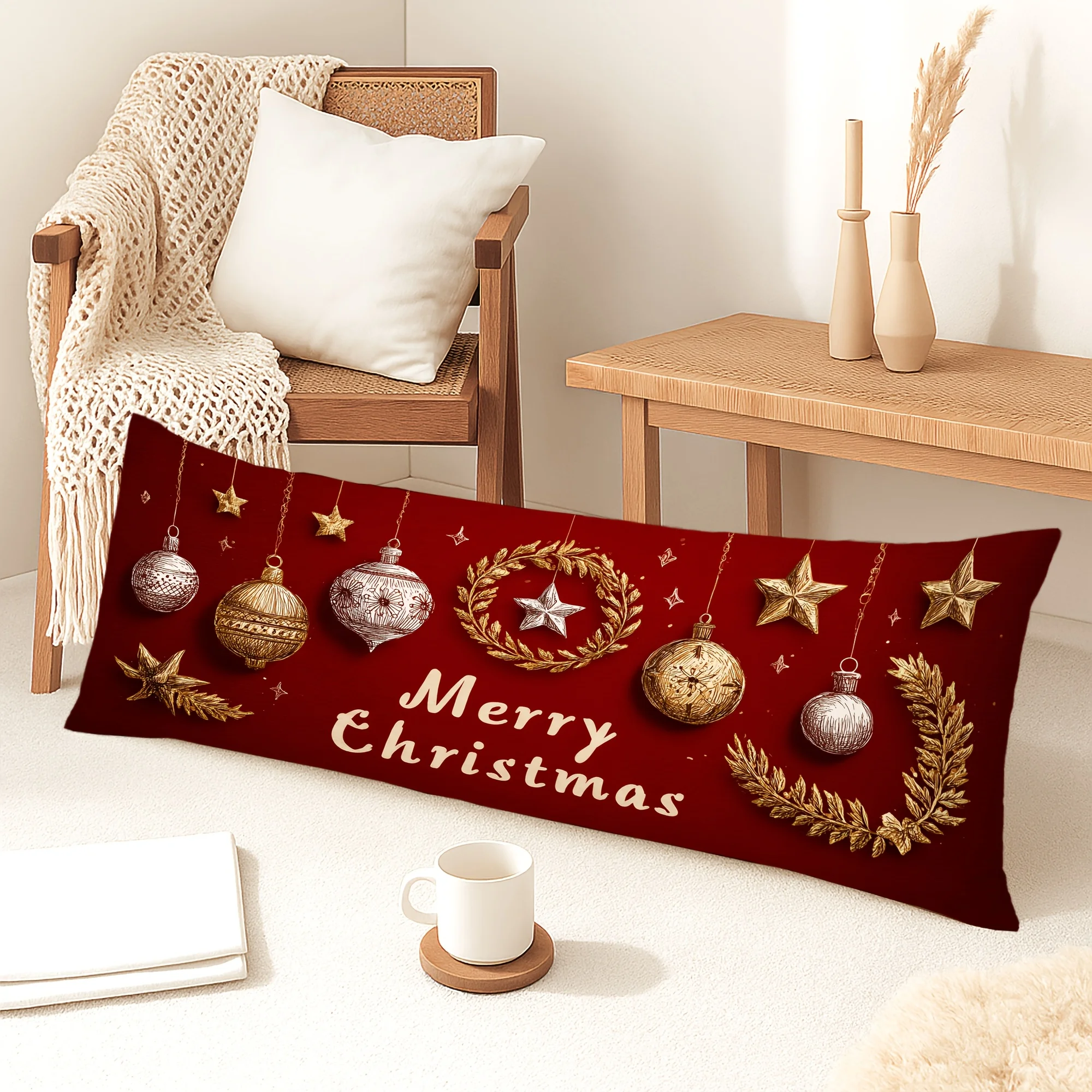 1pc Body Pillow Cover Christmas Decoration Wreath Stars Balls Leaves Red 20*54 Inches Suitable for Living Room Bedroom Sofa Bed