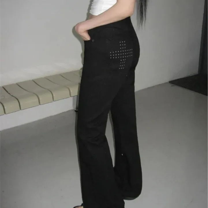 Korean Style Heavy Duty Rhinestone Micro Flared Jeans Women High Waist Cross Water Diamond Slim Fit Bell Bottoms Casual Jeans