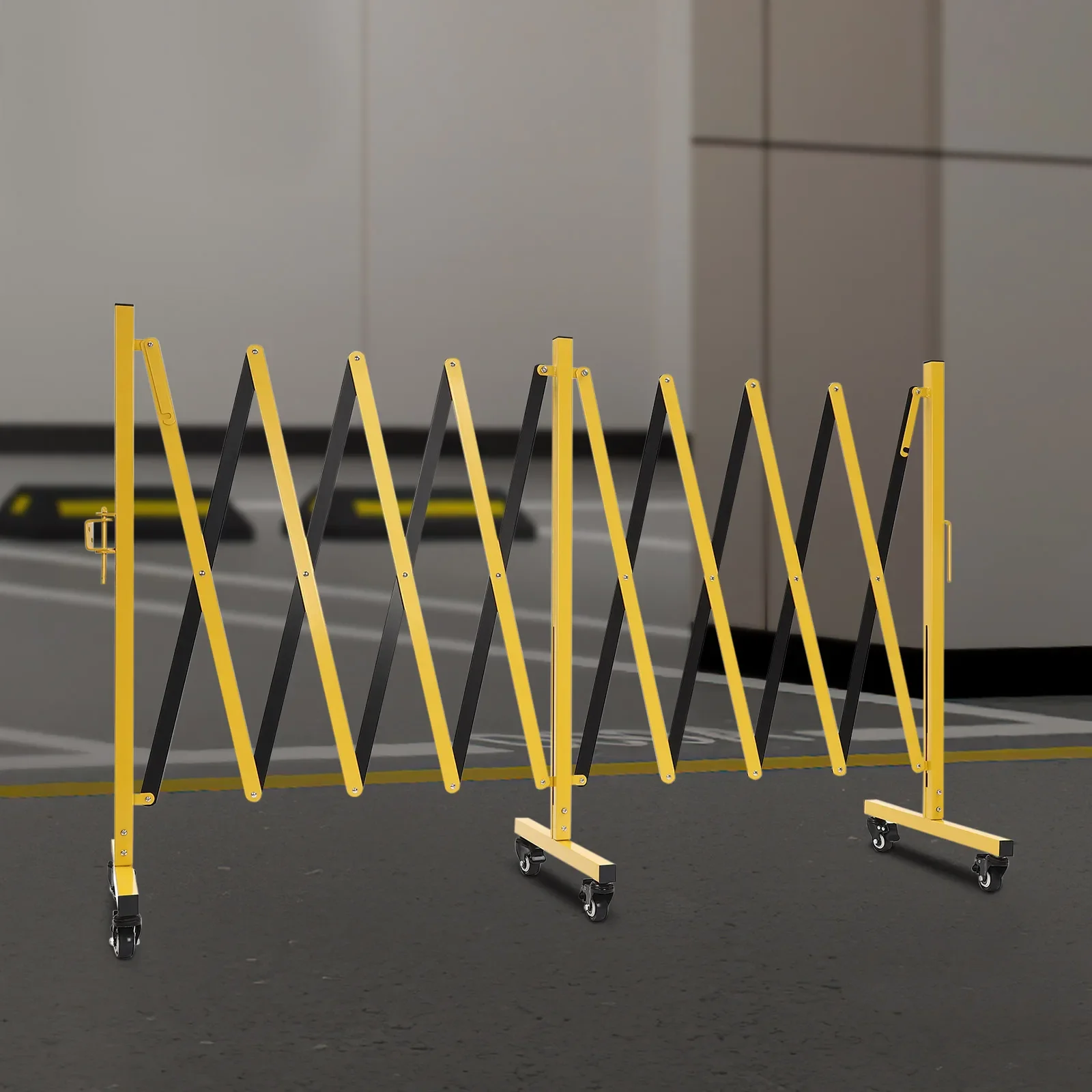 

Yellow Portable Expandable Safety Barrier Gate - Adjustable Traffic Fence with Wheels - Foldable Metal Barrier for Crowd Control