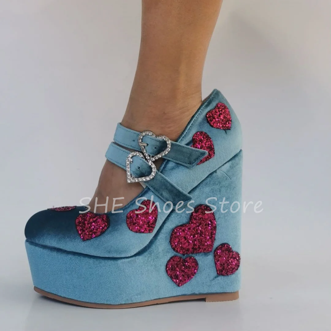 

Love Heart Rhinestones Decor Chunky Bottom Women Mary Janes Round Toe Wedges Buckle Strap Pumps Ladies Hight Heels Sandals Shoes