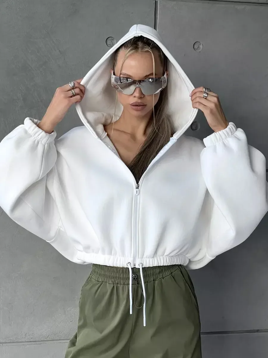 

2024 Women's short loose hoodie Women's fashion zipper short jacket Women's Zipper Long sleeve coat Cardigan Street style