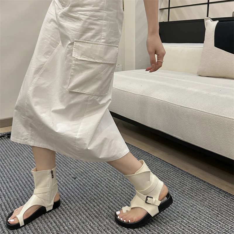 AIYKAZYSDL 2024 Beige Gladiator Rome Sandals Summer Girl Thong Clip Toe Sandals Women Ankle Boots Booties Cuban Flat Heel Shoes