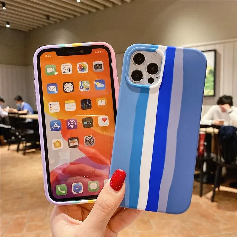 Strip Color Matching Style For iPhone 15 14 12 11 13 Pro Max  XR X 7 8 Plus SE 2020 Liquid Silicone New Rainbow Soft Case Cover