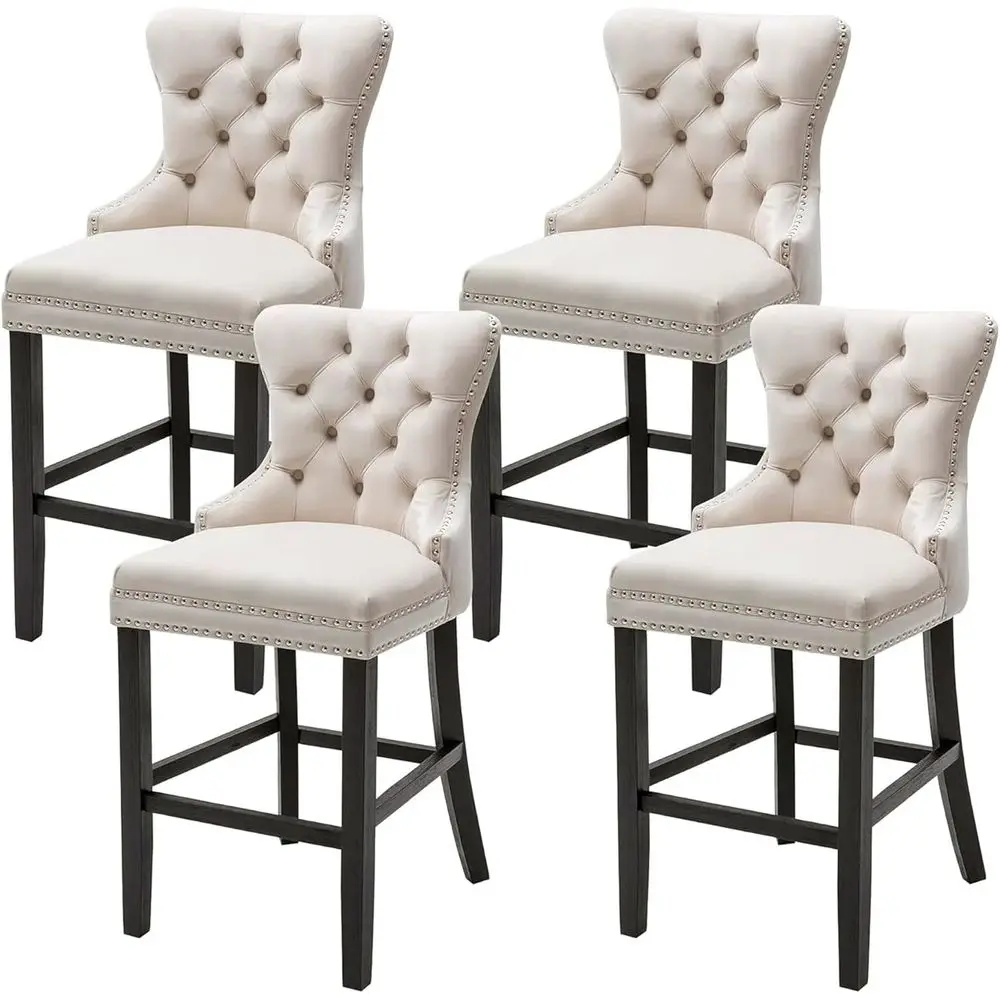 

Set of 4 Velvet 26 Counter Height Bar Stools with Button-Tufted Backrest and Metal Pulls, Beige