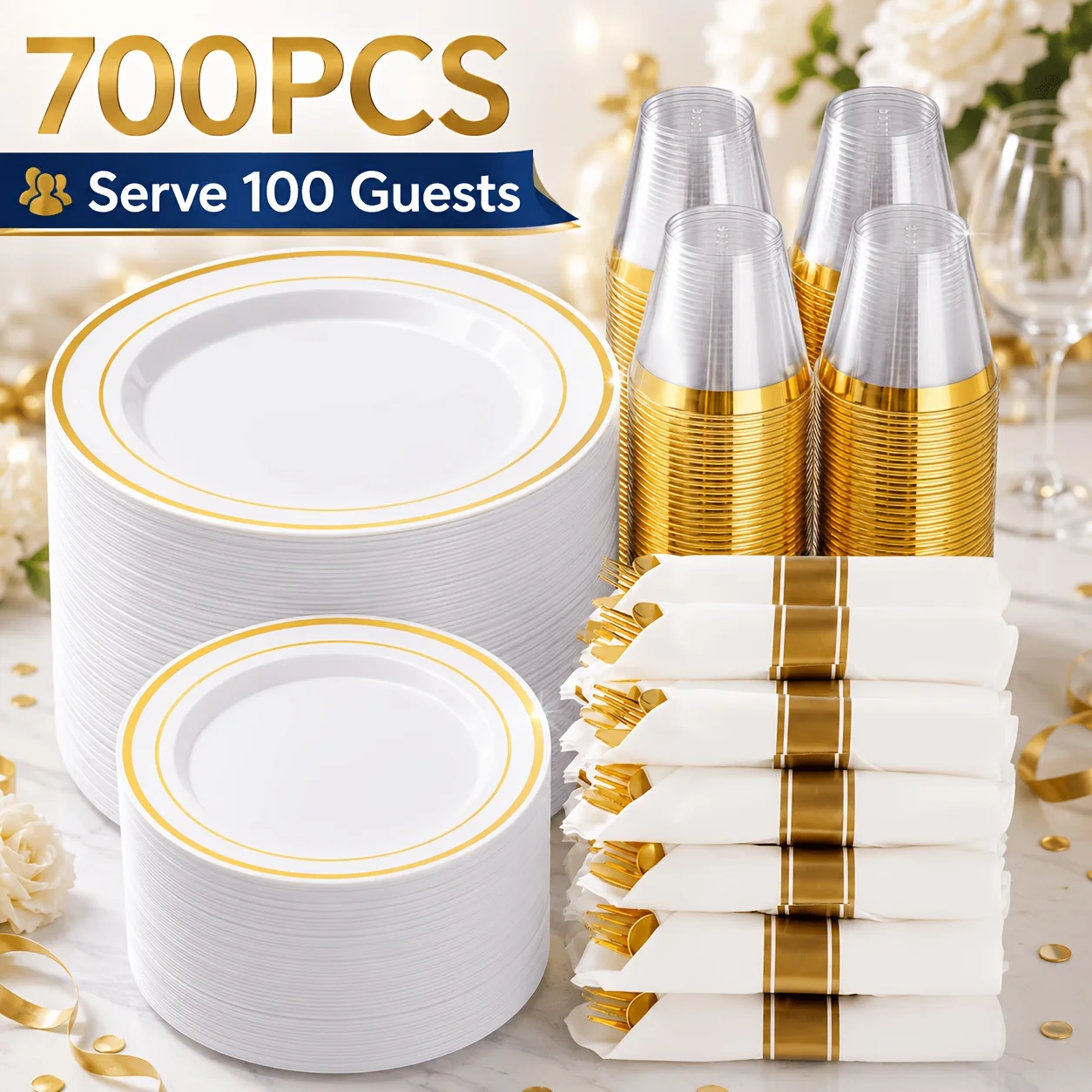 Napkin Folding Set - 700-Piece Elegant Golden-Trimmed Disposable Dinnerware Set