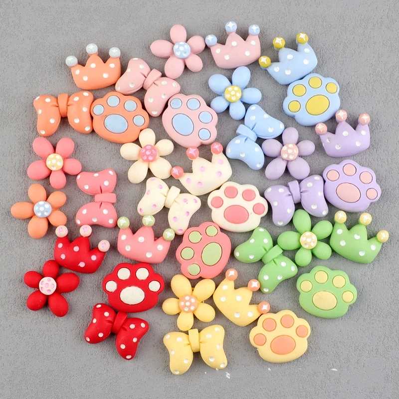 Kawaii Resin Polka Dot Bow Paw Crown Flower Flatback Cabochon for Headwear Accessory 20pcs Colorful Bowtie Resin Ornament Charm