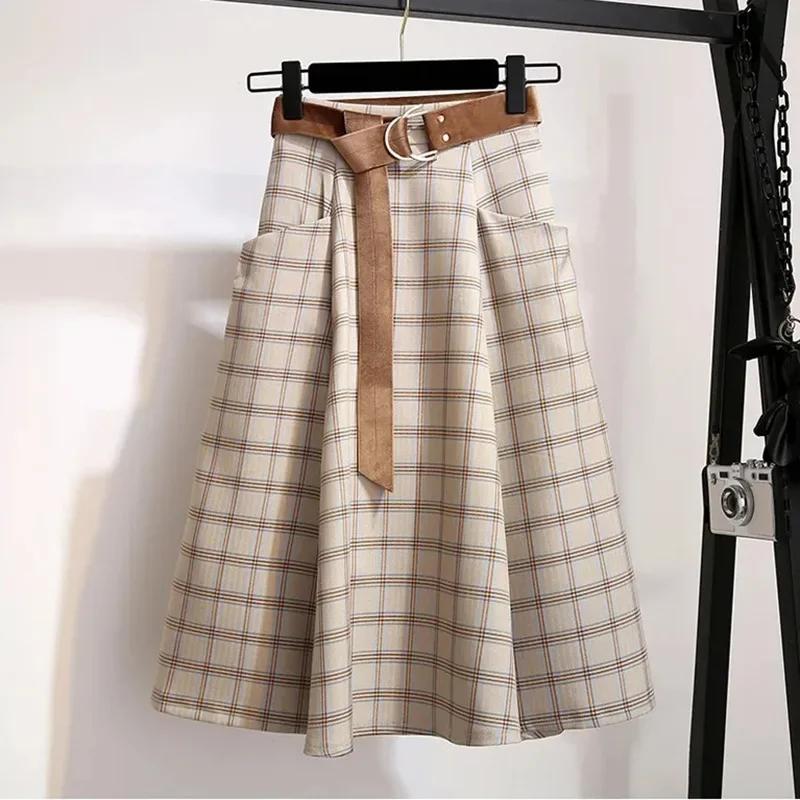 Plaid Vantage High Waist A-line Loose With Belt Pocket Women's Skirt Korean Fashion Mid-Calf Long Skirts For Women 2026 Spring