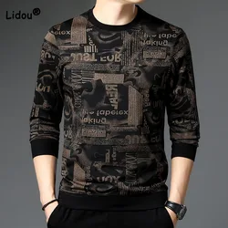 Spring Autumn Men's Trend Long Sleeve Printing T-shirt Fashionable Vintage All-match Handsome O-Neck Loose Tops Male Clothes