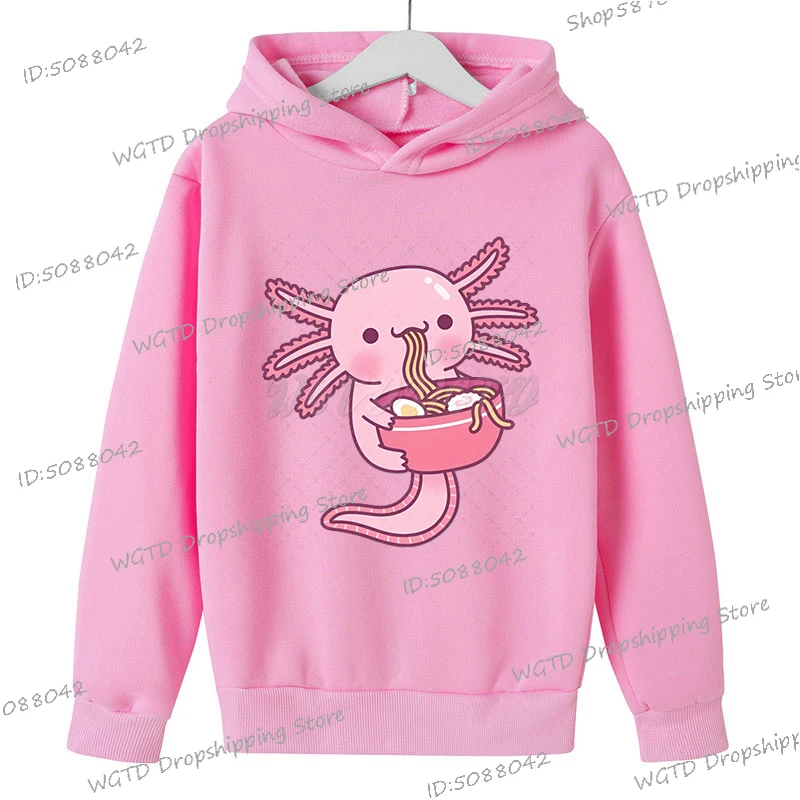 Funny Axolotl Eating Japanese Ramen Noodles Hoodie Girls Boys Casual Outerwear Children Clothing Long Sleeve Cute Axolotl Hoody