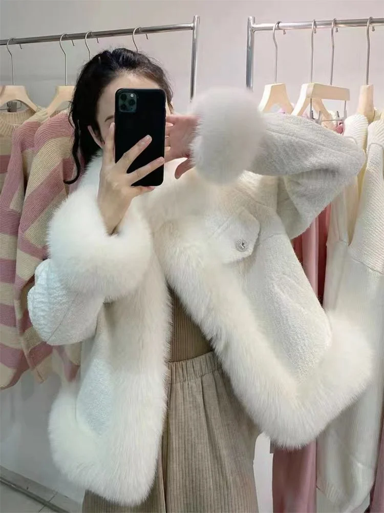 French White Exquisite Solid Color Faux Fur Patchwork Top Coat Sweet Socialite Gentle Elegant Noble Comfortable Fashion Jacket
