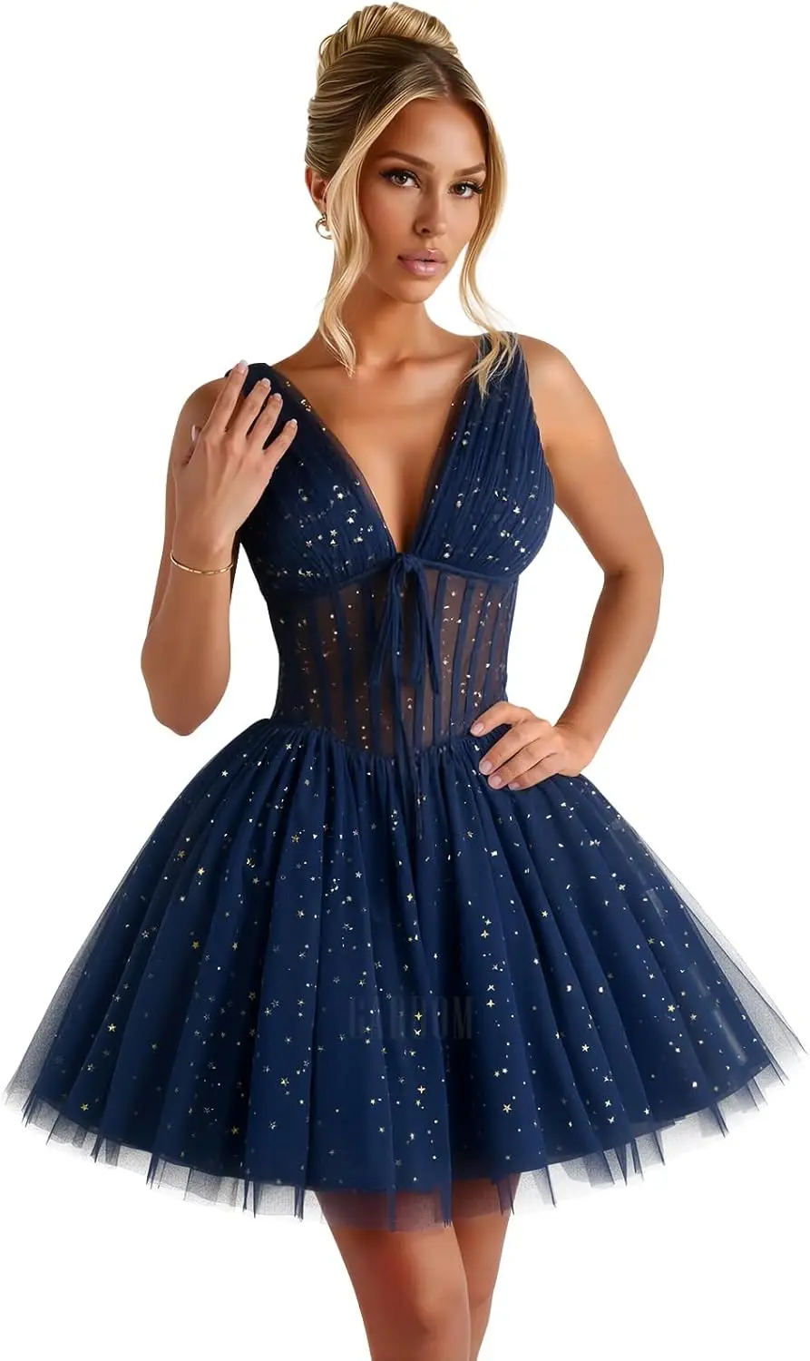 

Sparkly Starry Tulle Homecoming Dresses Short for Teens V Neck Prom Dresses Star Moon Cocktail Dress Mini Gowns Above Knee ,Mini