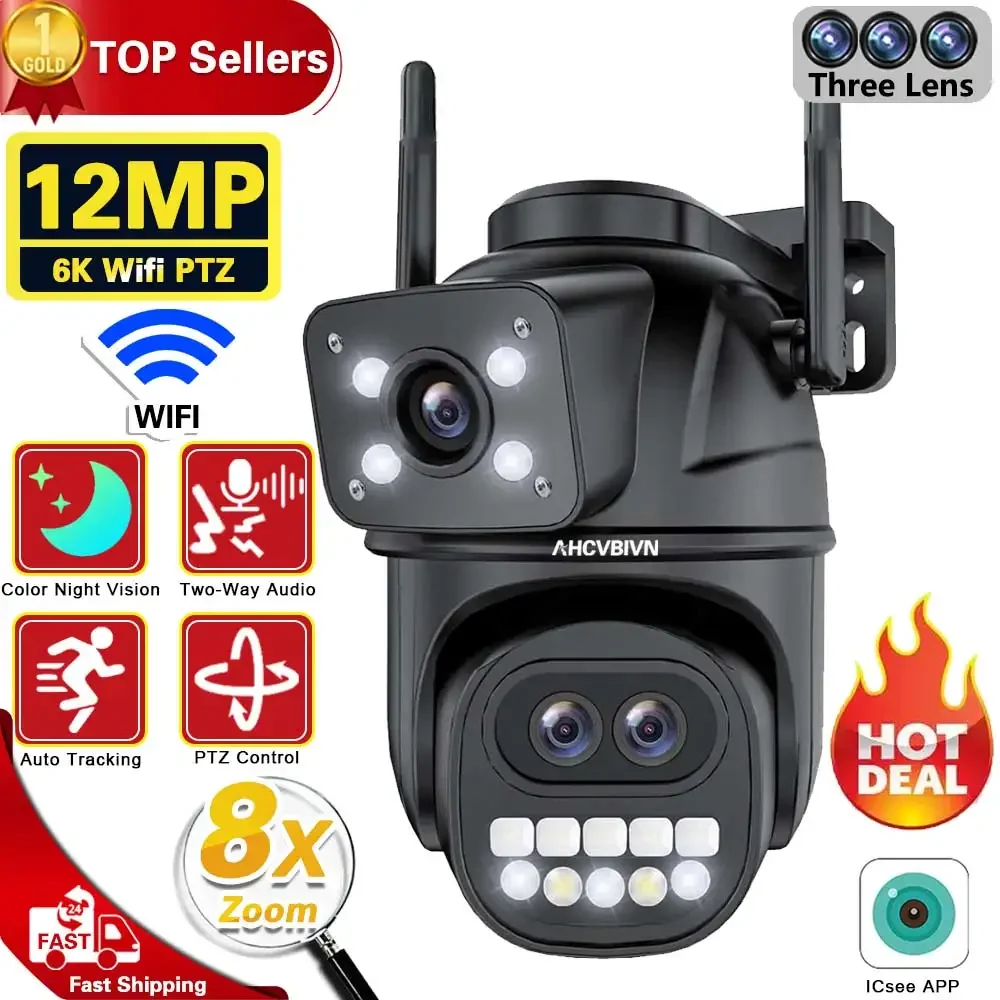 

12MP Three Lens Dual Screen 8X PTZ Zoom Wifi Camera Color IR Night Vision Auto Tracking Cloud Wifi PTZ Surveillance Camera ICSEE