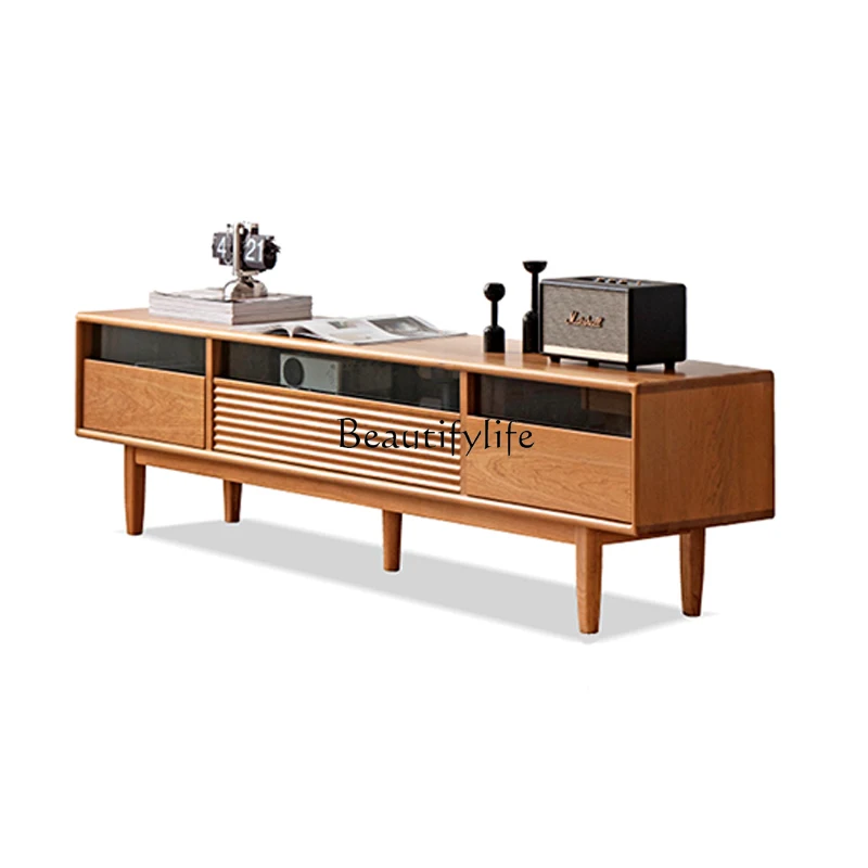 

02 Solid wood TV cabinet Nordic living room home wall modern simple cherry wood locker