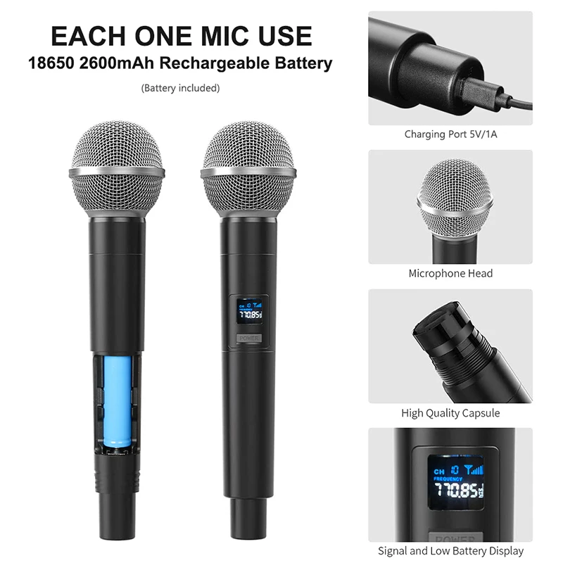 LEEDOAR Dual Channels UHF Wireless Microphone Set Handheld Fixed Frequency Dynamic Mic For Karaoke Wedding Party Church Show