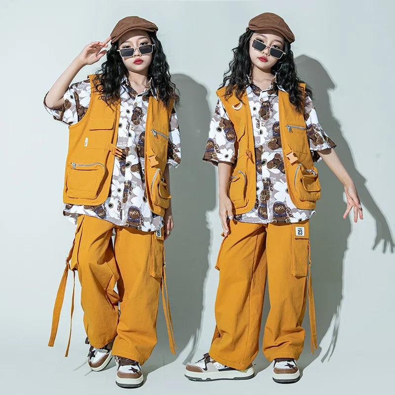 

Kids Kpop Hip Hop Clothing Yellow Vest Top Streetwear Pants Short for Girls Boys Jazz Dance Costume Clothes