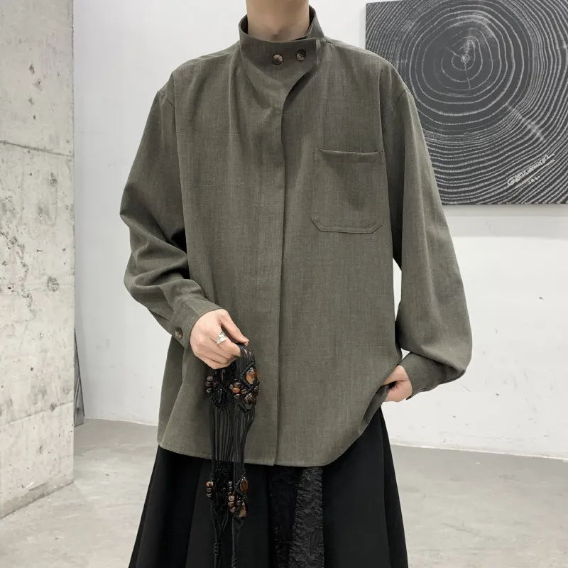 

Men's And Women's Vintage Stand Collar irt Drapey Button-Up Design High-End Feeling Loose Fit Cotton Blend Long Sve