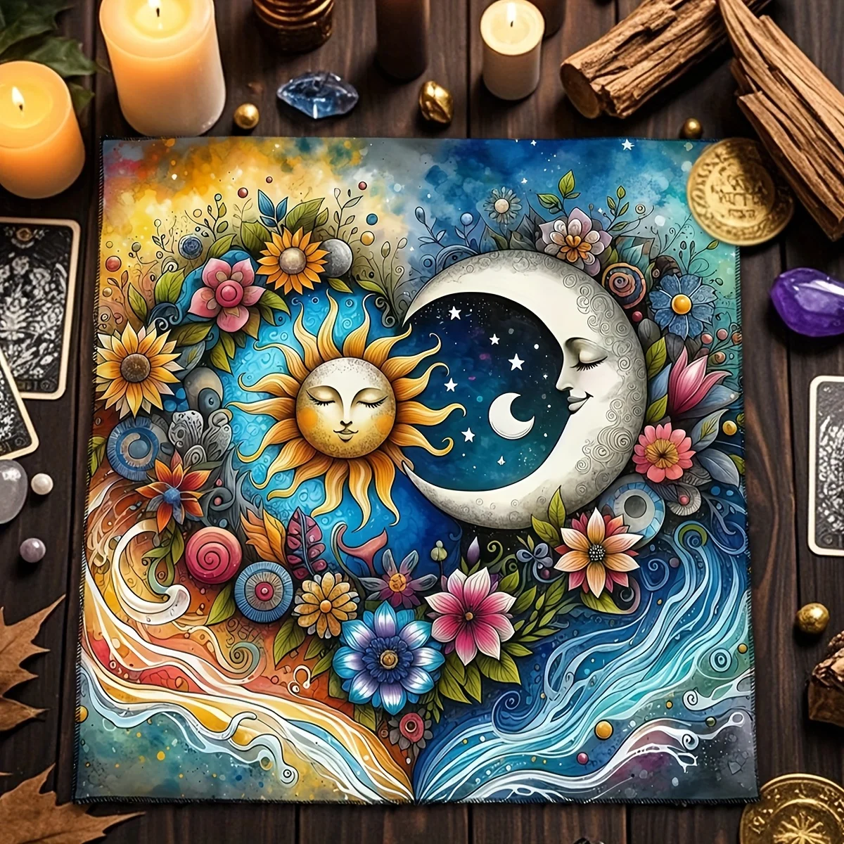 Mystical Tarot Tablecloth Mat Celestial Sun Moon Astrology Boho Zodiac Cloth Reading Surface 60x60cm