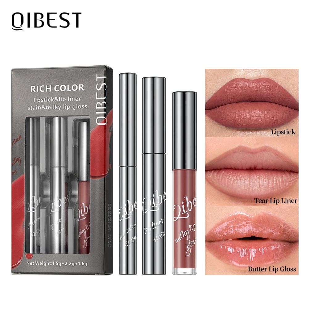 QIBEST 3pcs Makeup Set Lipstick,Tear Lip Liner +Butter Lip Gloss Nude Black Velvet Lip Glaze Long Lasting Lips Cosmetics Kits