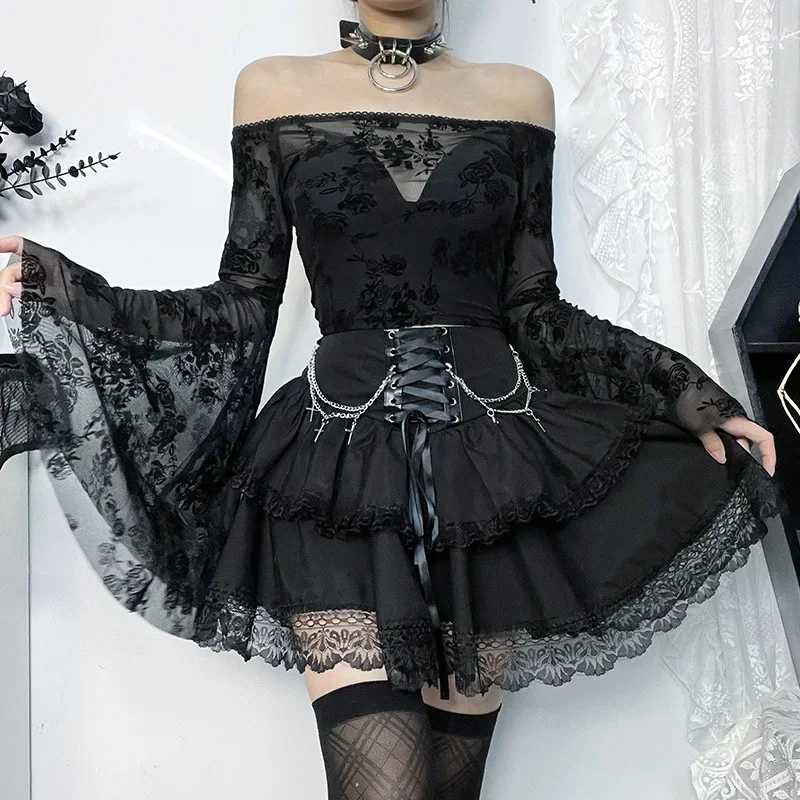 ゴスハロウィンダークゴシックスカート女性ヴィンテージストリートウェアY2kサイバーパンクチェーンクロスレースアップコルセットスカート原宿ケーキスカート