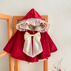 Baby Cape Mädchen Plüsch Kapuze Spitze großen Bogen Umhang Winter verdickte Kinder Weihnachten Oberbekleidung Baby Mädchen schönen Mantel