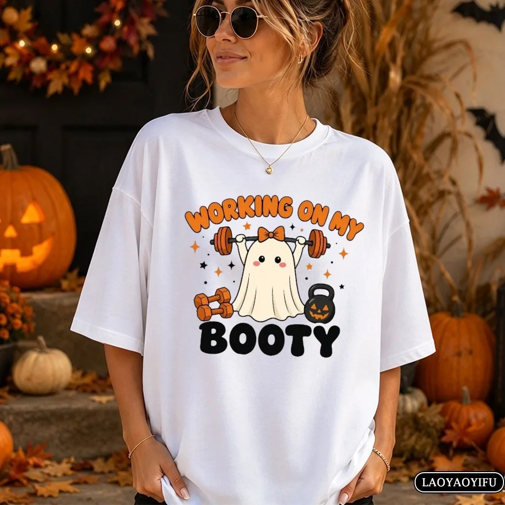 Working On My Booty Ghost Halloween Funny Graphic Unisex Cotton T Shirt Fitness Lover Gym Tshirt Autumn Casual Streetwear Tees