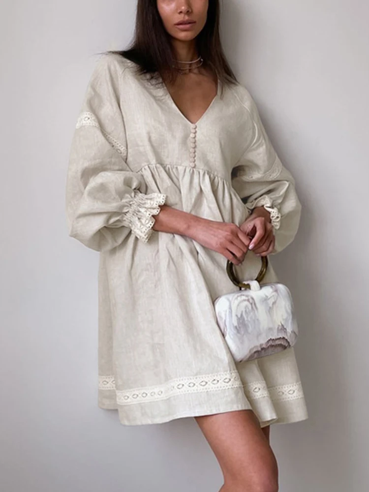 2023 Autumn Winter Women Holiday Linen Mini Dress Solid Khaki Long Sleeve V-neck Flare Dress For Women