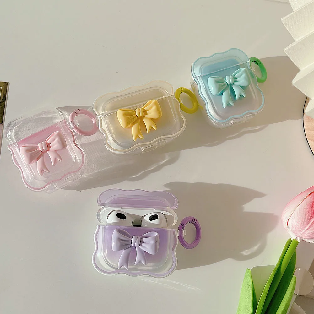 Korea Gradient Cute 3D Bow Headphone Fundas For AirPods 1 Pro2 Waves Frame Case with Keyring For Airpods 3  Clear Earphone Cover