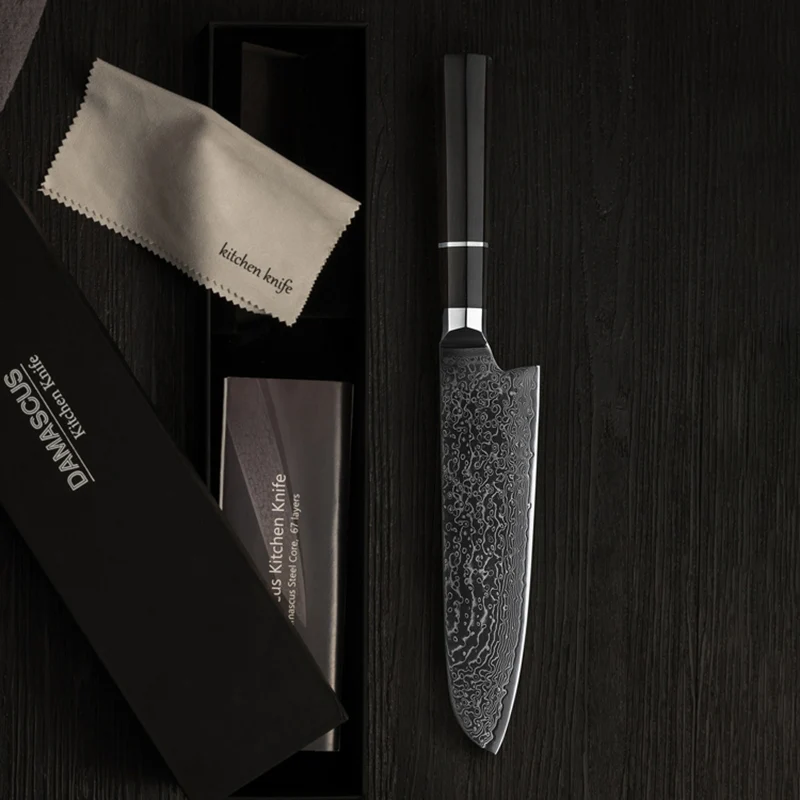 7 Inch Santoku Knife 67-layers Damascus Steel 10Cr15CoMov Blade Ebony Handle Chef Cleaver Meat Slicing Vegetables Kitchen Knives