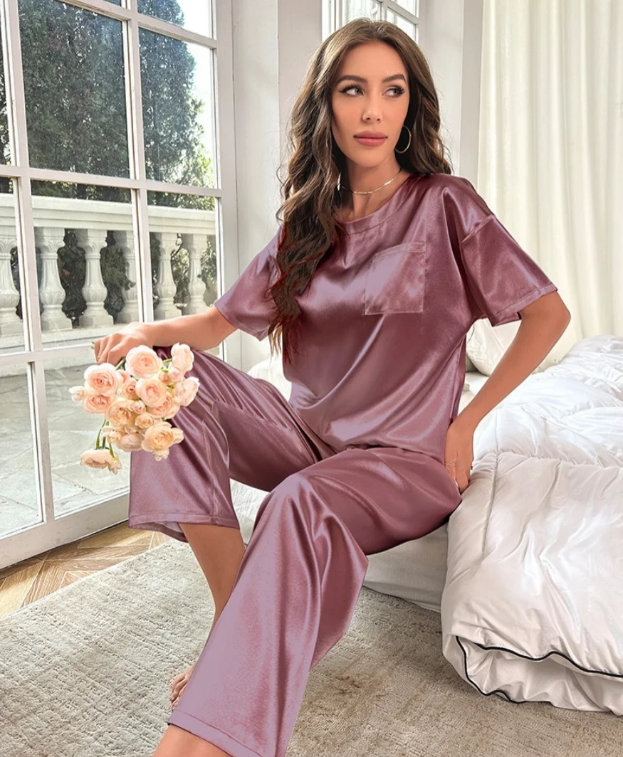 Summer Fashion Women Ice Satin Pajamas Silk Short Sleeve Trousers Set Soft Solid Loose Causal Sleepwear Suit