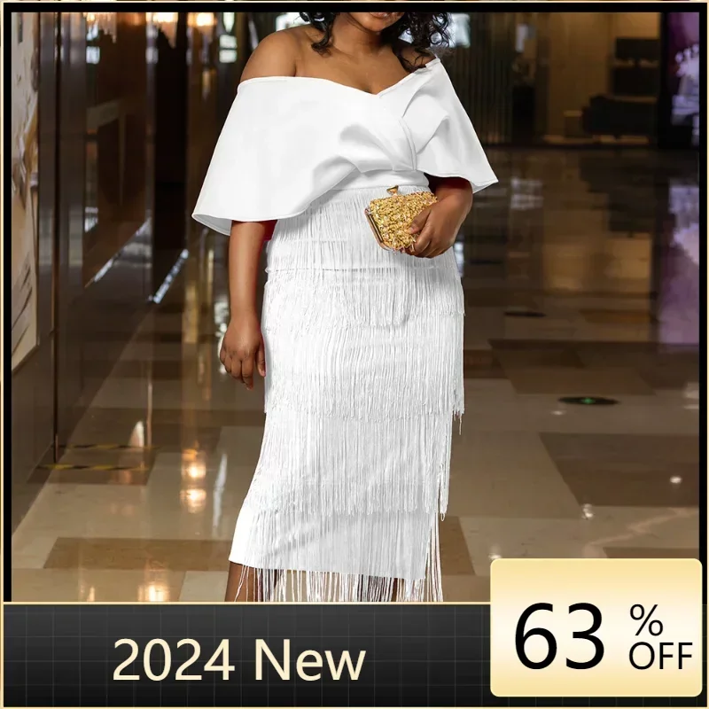 

2023 Summer Elegant African Women Tassels V-Neck Off The Shoulder Backless Daily Evening Party Dress African Dresses for Women