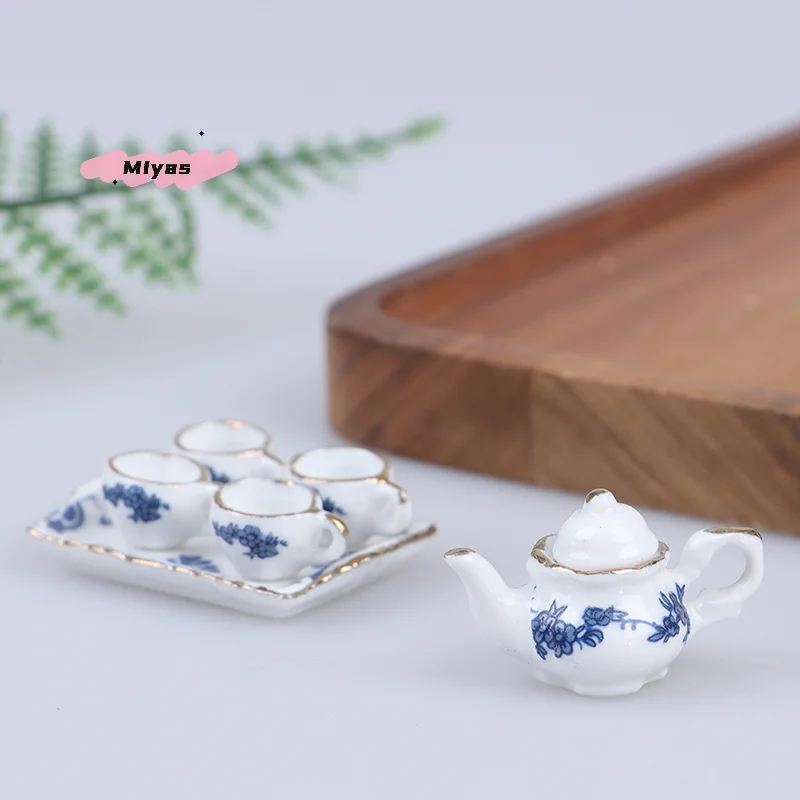 

6Pcs Dollhouse Miniature Dining Porcelain Tea Set Dish Cup with Flower Pattern for 1:12 Scale Collectible Houses