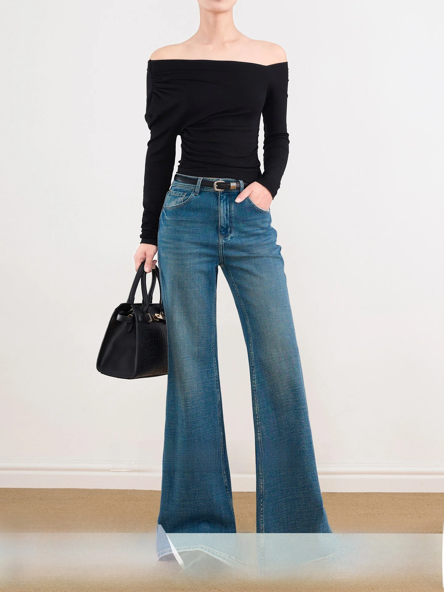 

High Waist Bell Bot Jeans Women's Elastic Slim Fit Straight Leg Jeans een Tone Blue Vintage Flared Pants Casual Wear