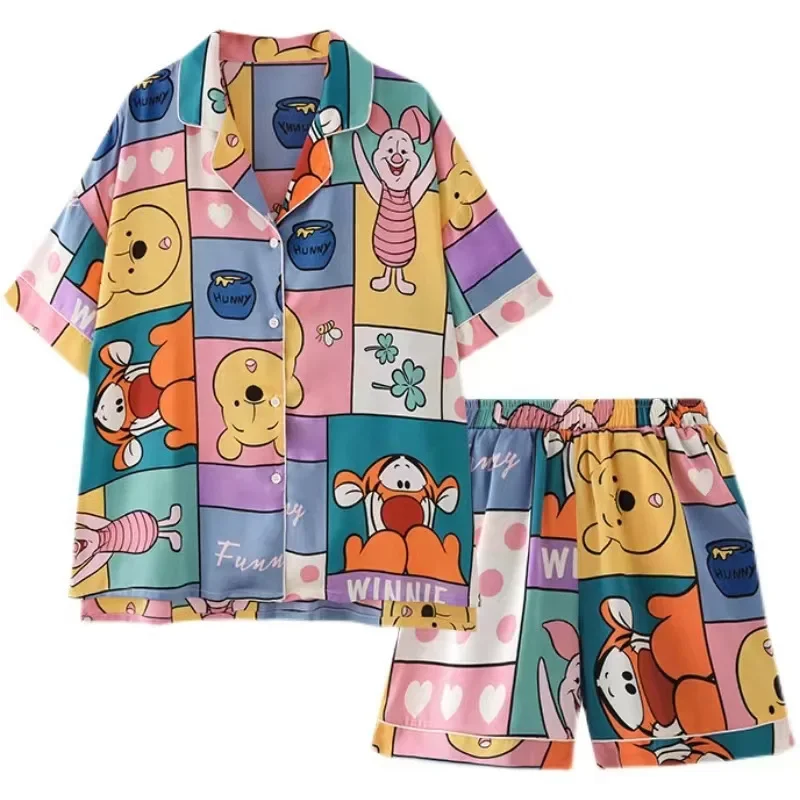 Disney Winnie Pajamas Summer Women Short Sleeve Shorts Pajamas Sleepwear Cartoon Cardigan Print Loose Casual Loungewear Set