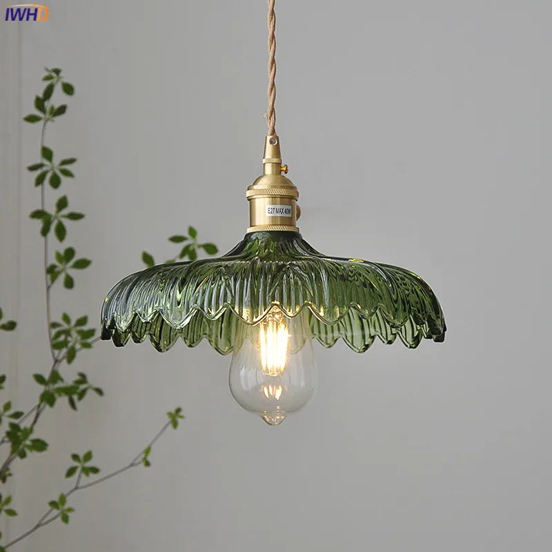 

IWHD Nordic Vintage Green Glass LED Pendant Light Fixtures Copper Socket Dinning Room Bedroom Restaurant Modern Hanging Lamp