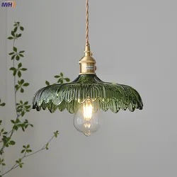 IWHD Nordic Vintage Green Glass LED Pendant Light Fixtures Copper Socket Dinning Room Bedroom Restaurant Modern Hanging Lamp