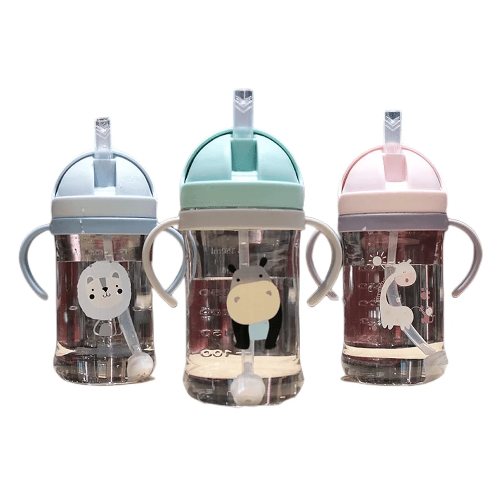 Kids Children Cartoon Animal School Drinking Water Straw Bottle Gravity Ball Straw Baby Cup with Shoulder Strap Water Bottle