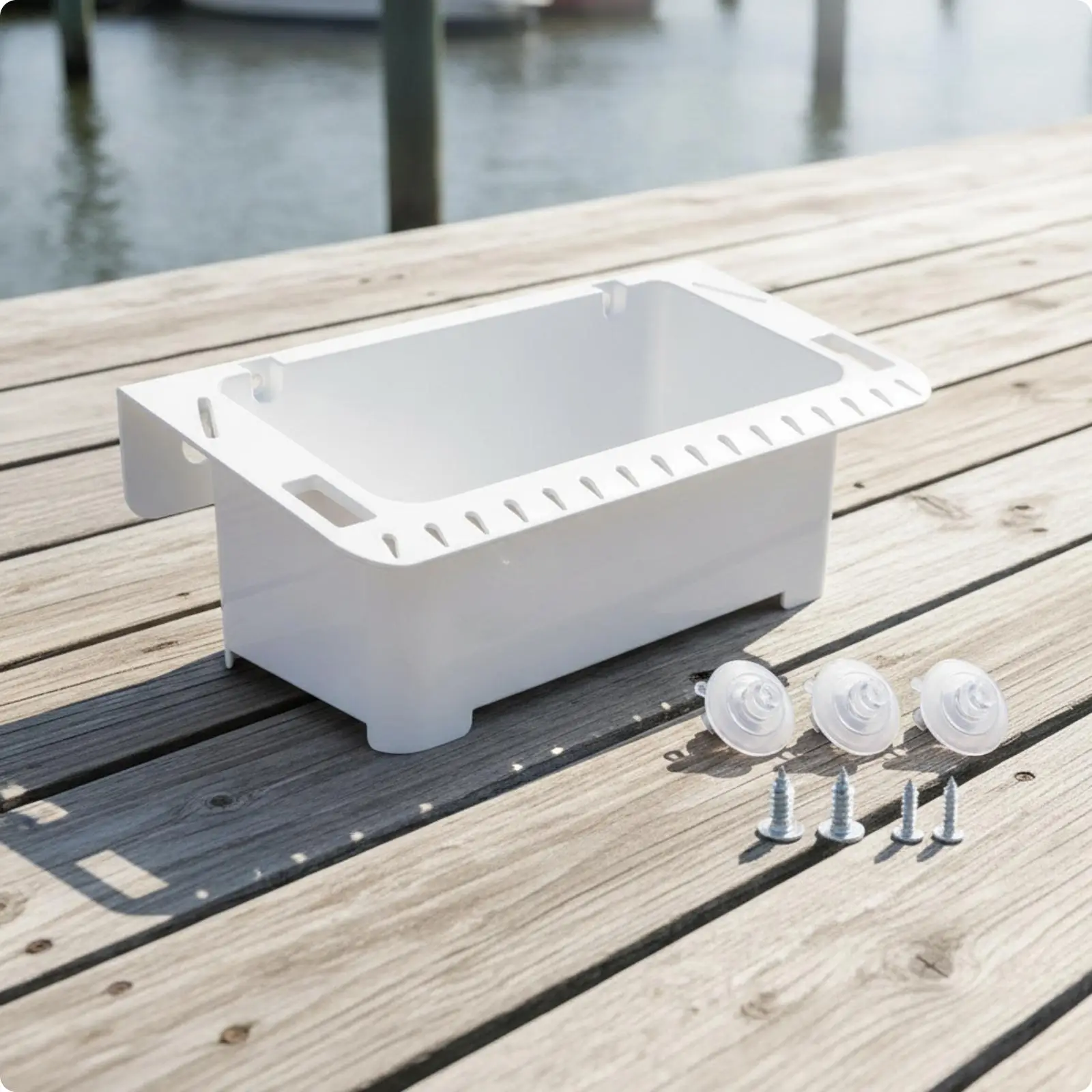 Space Saving Fishing Storage Container with Suction Cup Mount for Console Tackle and Tool Sorting