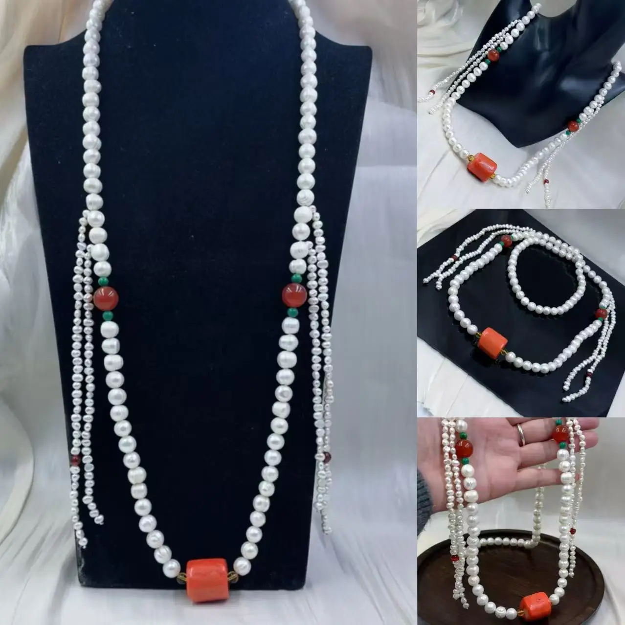 

Free Shipping 10-11mm Women Jewelry Vintage China Style Orange Natural Coral White Long Pearl Necklace 80cm 90cm