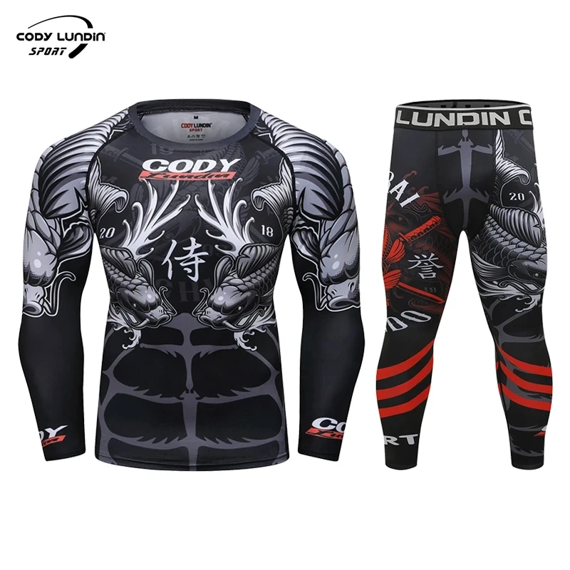 Cody Lundin Men Thai Boxing Set Compression MMA Long Sleeve Jiu Jitsu Kimono UV Protection Shirts Custom Bjj Joggings Leggings